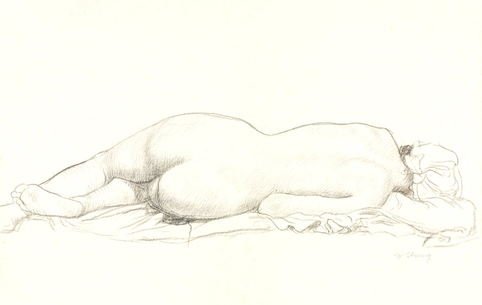 Naked woman showing her bottom. Reclining Nude by William Strang. Original from The Cleveland Museum of Art. Digitally enhanced by rawpixel.