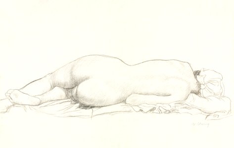 Naked woman showing her bottom. Reclining Nude by William Strang. Original from The Cleveland Museum of Art. Digitally enhanced by rawpixel.