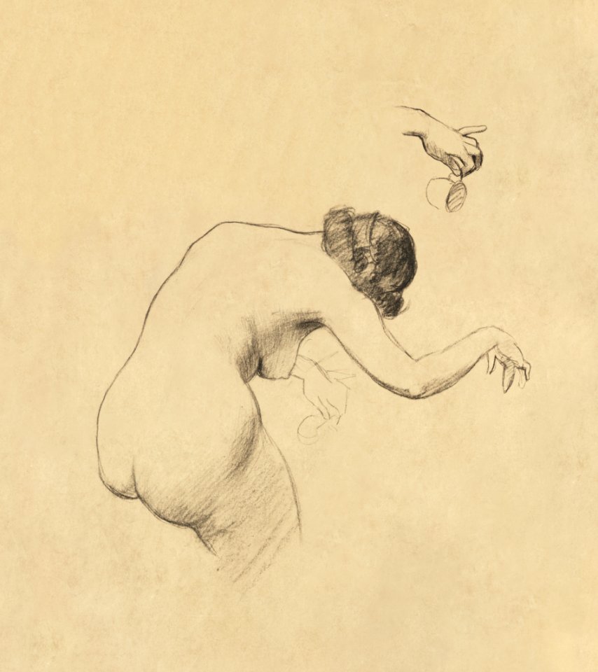 Naked woman showing her bottom. Study of Bending Nude Figure Holding Cup (1900) by Louis Schaettle. Original from The Smithsonian. Digitally enhanced by rawpixel.