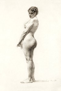 Naked woman posing sensually, vintage erotic art. Standing Female Nude (1818) by Marie Mathieu. Original from The Art Institute of Chicago. Digitally enhanced by rawpixel.. Free illustration for personal and commercial use.