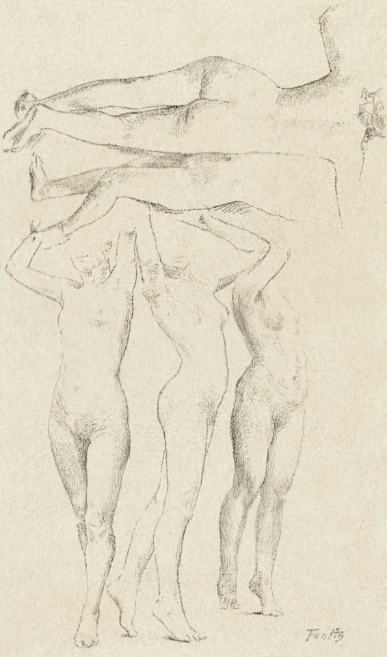 Vijf naaktstudies; drie met opgeheven armen, de andere op de rug gezien by Henri Fantin-Latour. Original from The Rijksmuseum. Digitally enhanced by rawpixel.