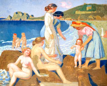 Bathers in Perros Guirec (Baigneuses à Perros-Guirec) (ca.1909–1912) painting in high resolution by Maurice Denis. Original from The Public Institution Paris Musées. Digitally enhanced by rawpixel.. Free illustration for personal and commercial use.