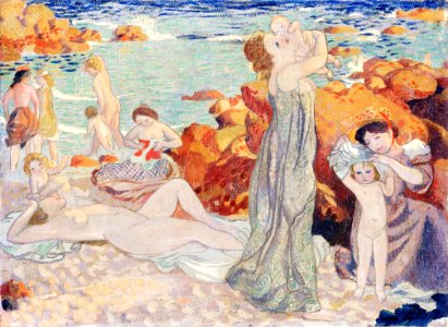 Bathers, Pouldu beach (Baigneuses, plage du Pouldu) (1899) painting in high resolution by Maurice Denis. Original from The Public Institution Paris Musées. Digitally enhanced by rawpixel.. Free illustration for personal and commercial use.