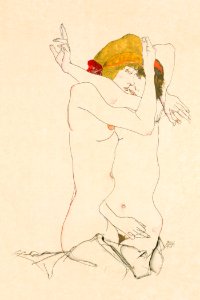 Two Women Embracing (1913) by Egon Schiele. Original female line art drawing from The MET museum. Digitally enhanced by rawpixel.