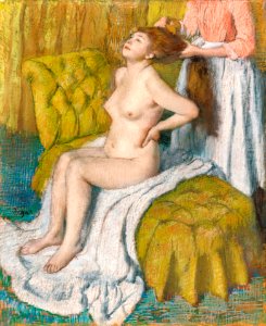 Nude lady with breast showing. Woman Having Her Hair Combed (ca. 1886–1888) painting in high resolution by Edgar Degas. Original from The MET Museum. Digitally enhanced by rawpixel.