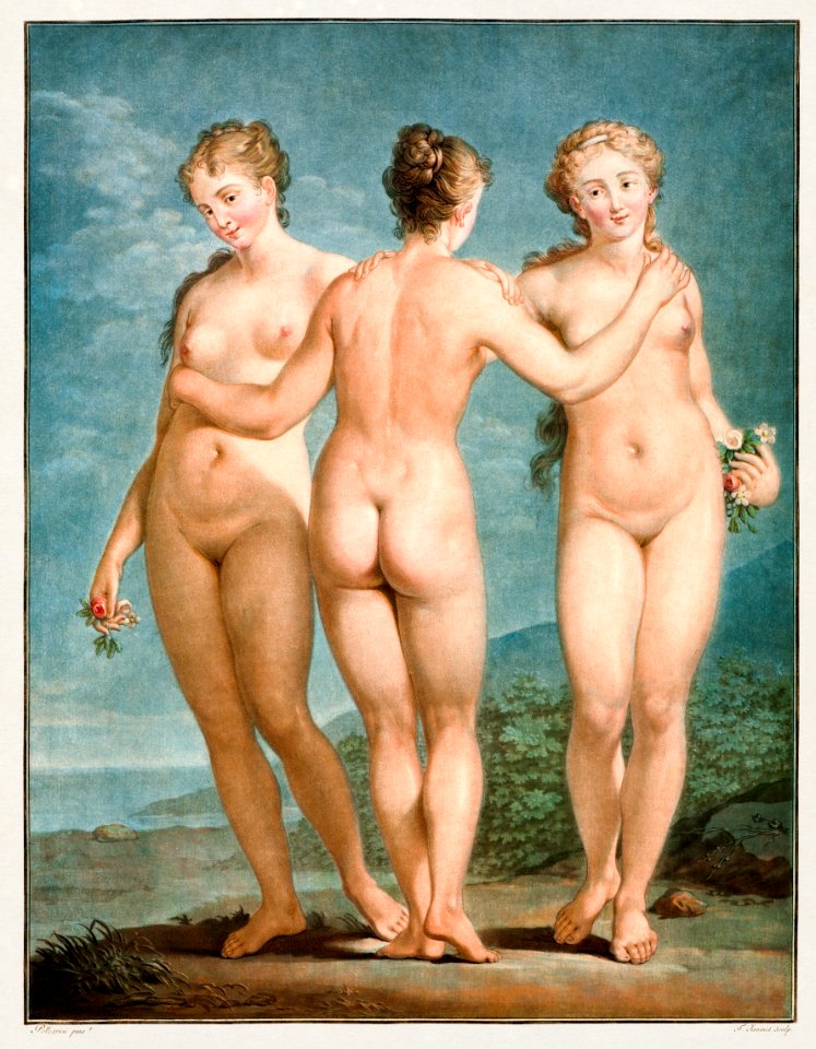 Standing Naked women. The Three Graces (1786) painting in high resolution by Jean François Janinet. Original from The Cleveland Museum of Art. Digitally enhanced by rawpixel.
