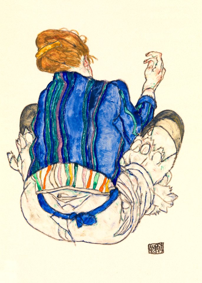 Seated Woman, Back View (1917) by Egon Schiele. Original female line art drawing from The MET museum. Digitally enhanced by rawpixel.