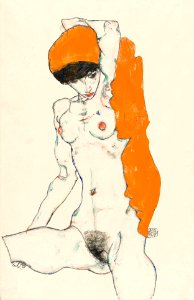 Vulgar naked woman. Standing Nude with Orange Drapery (1914) by Egon Schiele. Original female line art drawing from The MET museum. Digitally enhanced by rawpixel.