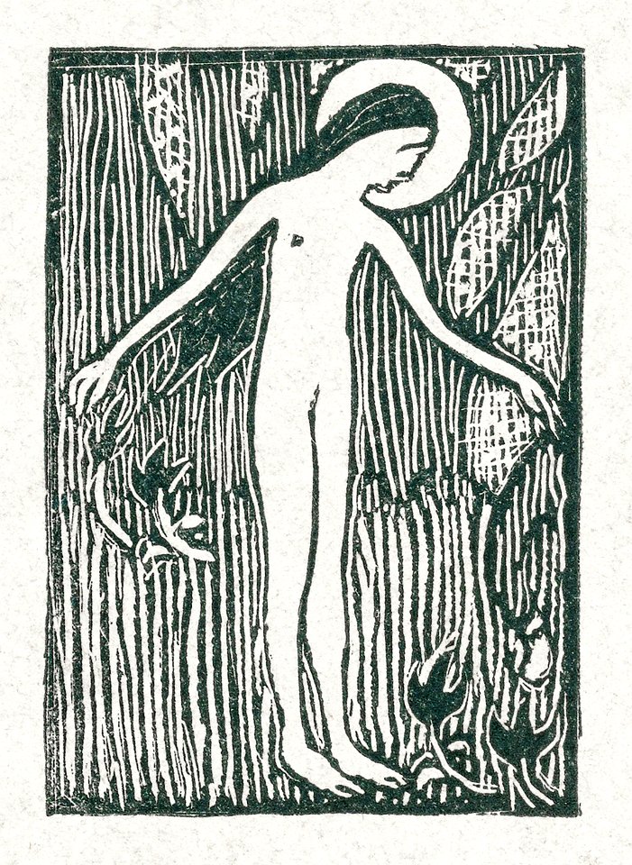 A naked woman illustration for a poetry collection by Paul Verlaine (Illustratie met naakte vrouwelijke heilige staand bij boom bij gedicht in dichtbundel van Paul Verlaine) (1895) print in high resolution by Maurice Denis. Original from The Rijksmuseum. Digitally enhanced by rawpixel.