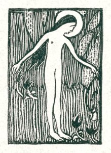 A naked woman illustration for a poetry collection by Paul Verlaine (Illustratie met naakte vrouwelijke heilige staand bij boom bij gedicht in dichtbundel van Paul Verlaine) (1895) print in high resolution by Maurice Denis. Original from The Rijksmuseum. Digitally enhanced by rawpixel.