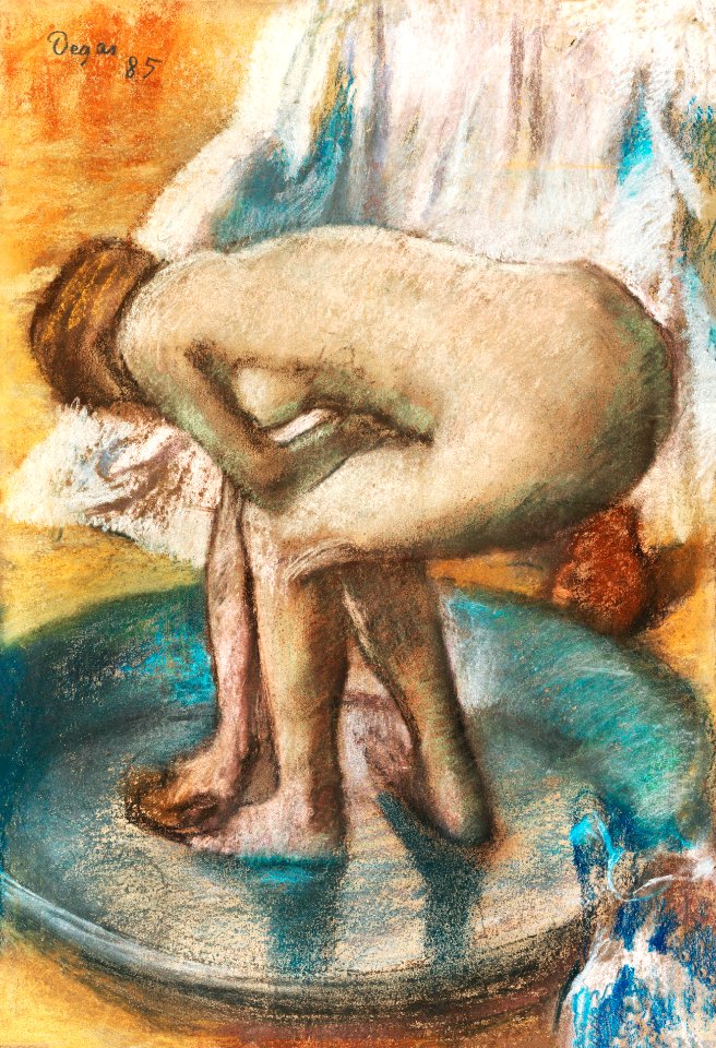 Nude lady. Woman Bathing in a Shallow Tub (1885) painting in high resolution by Edgar Degas. Original from The MET Museum. Digitally enhanced by rawpixel.