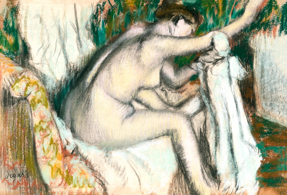Nude lady. Woman Drying Her Arm (late 1880s–early 1890s) painting in high resolution by Edgar Degas. Original from The MET Museum. Digitally enhanced by rawpixel.
