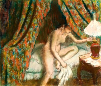 Naked woman in bed. Retiring (1883) painting in high resolution by the famous Edgar Degas. Original from the Art Institute of Chicago. Digitally enhanced by rawpixel.. Free illustration for personal and commercial use.