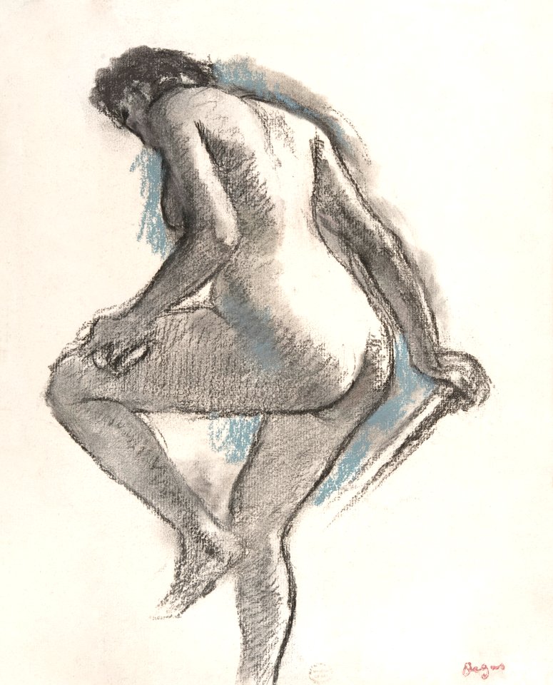 Naked woman. Bather Sponging Her Knee (ca. 1883–1884) drawing in high resolution by Edgar Degas. Original from The MET Museum. Digitally enhanced by rawpixel.