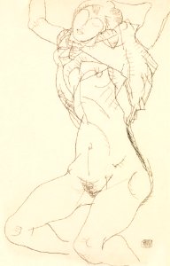 Woman undressing. Seminude with Arms Raised (1914) by Egon Schiele. Original female line art drawing from The MET museum. Digitally enhanced by rawpixel.. Free illustration for personal and commercial use.