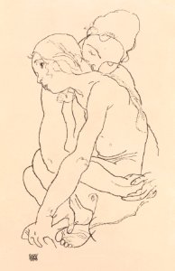 Woman and Girl Embracing (1918) by Egon Schiele. Original female line art drawing from The MET museum. Digitally enhanced by rawpixel.. Free illustration for personal and commercial use.