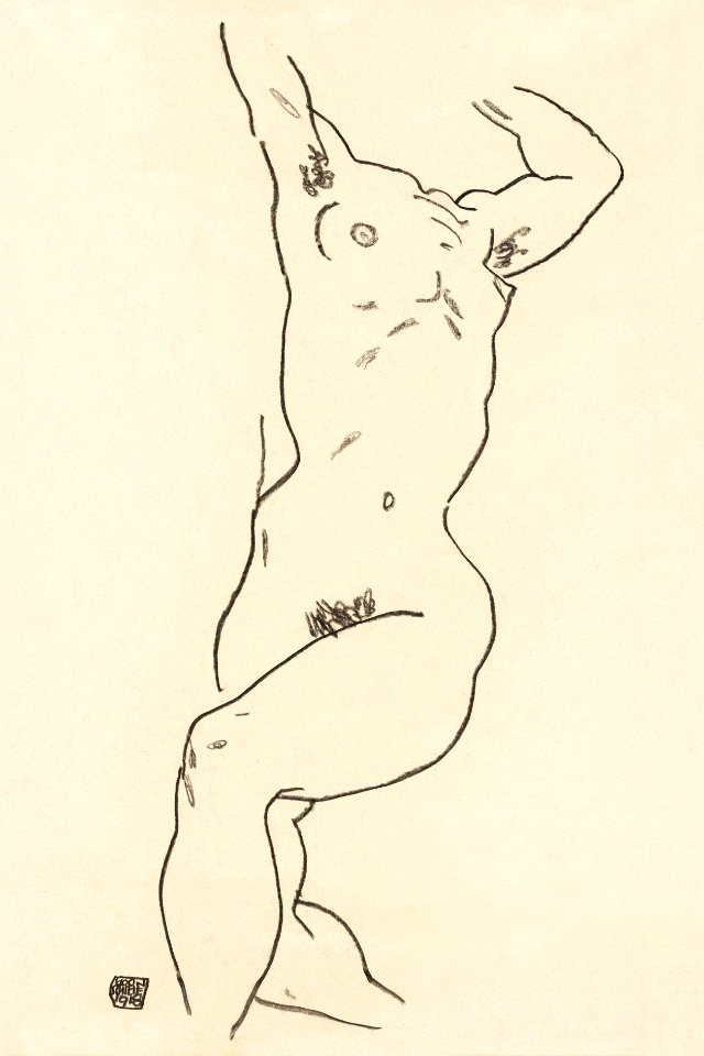Naked woman. Torso of a Nude (1918) by Egon Schiele. Original female line art drawing from The MET museum. Digitally enhanced by rawpixel.