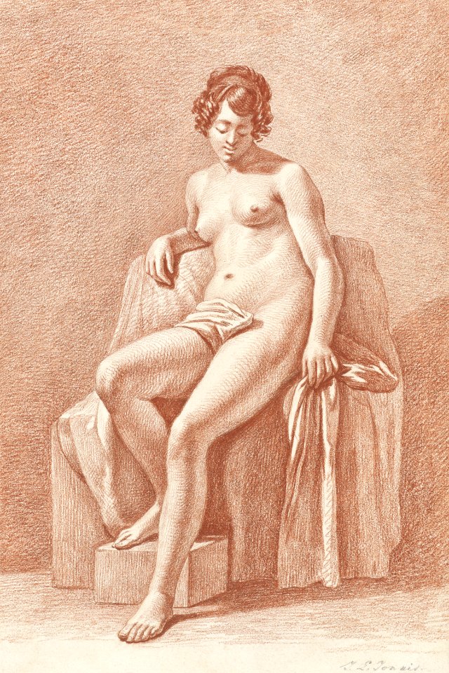 Naked woman showing her breasts, vintage nude illustration. Seated Female Nude (1799–1867) by Jan Lodewijk Jonxis. Original from The Rijksmuseum. Digitally enhanced by rawpixel.