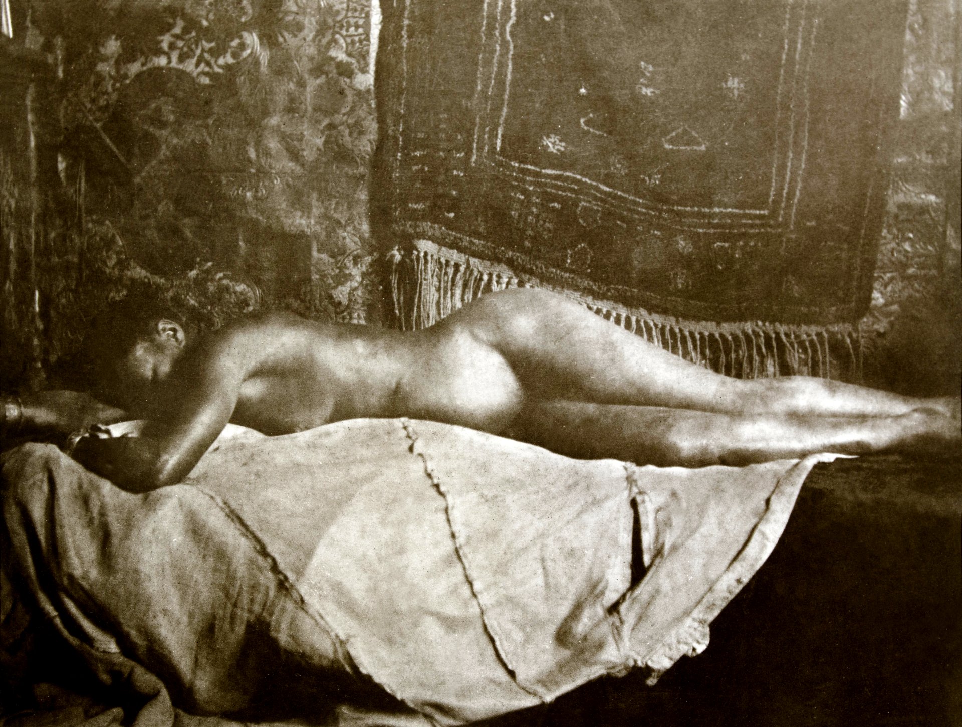 Reclining Nude. Liggend naakt (1800–1900) by George Hendrik Breitner.  Original from The Rijksmuseum. Digitally enhanced by rawpixel. -  Traditional visual art under Public domain license