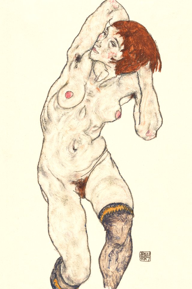 Naked lady. Nude in Black Stocking (1917) by Egon Schiele. female line art drawing from The MET museum. Digitally enhanced by rawpixel.