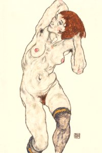 Naked lady. Nude in Black Stocking (1917) by Egon Schiele. female line art drawing from The MET museum. Digitally enhanced by rawpixel.. Free illustration for personal and commercial use.