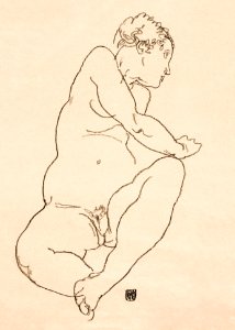 Female Nude Bending to the Left (1918) by Egon Schiele. Original female line art drawing from The MET museum. Digitally enhanced by rawpixel.. Free illustration for personal and commercial use.