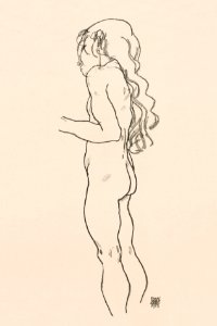 Standing Nude Girl, Facing Left (1918) by Egon Schiele. Original female line art drawing from The MET museum. Digitally enhanced by rawpixel.. Free illustration for personal and commercial use.