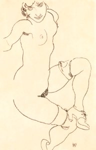 Naked lady in lingerie. Seated Nude in Shoes and Stockings (1918) by Egon Schiele. Original female line art drawing from The MET museum. Digitally enhanced by rawpixel.. Free illustration for personal and commercial use.
