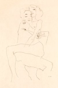 Naked man and woman. Couple Embracing (1911) by Egon Schiele. Original female line art drawing from The MET museum. Digitally enhanced by rawpixel.