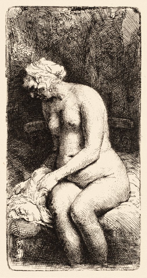 Naked woman showing her breasts, vintage erotic art. Nude Seated on a Bench with a Pillow (Woman Bathing Her Feet at a Brook) (1658) by Rembrandt van Rijn. Original from The National Gallery of Art. Digitally enhanced by rawpixel.