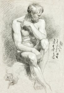Naked man posing sexually. Seated Male Nude with Sketch of Nude Archer (1808) by George Hayter. Original from The Art Institute of Chicago. Digitally enhanced by rawpixel.