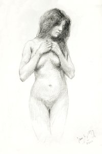 Naked woman posing sensually, vintage erotic art. Female Nude (1897) by Frank Duveneck. Original from Los Angeles County Museum of Art. Digitally enhanced by rawpixel.