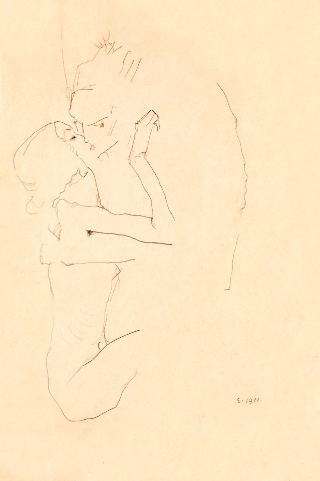 The Kiss (1911) by Egon Schiele. Original female line art drawing from The MET museum. Digitally enhanced by rawpixel.