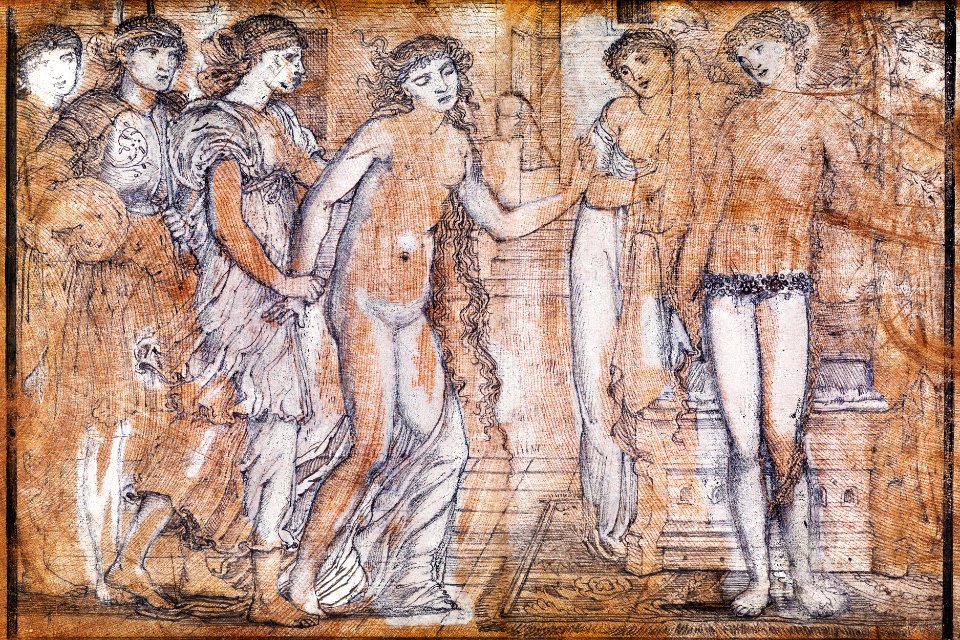 Cupid and Psyche: Psyche in the presence of Venus (1865) by Edward Burne–Jones. Original from The Birmingham Museum. Digitally enhanced by rawpixel.