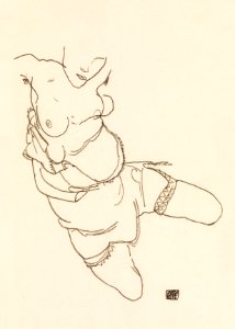 Semi-Dressed Model (1917) by Egon Schiele. Original female line art drawing from The MET museum. Digitally enhanced by rawpixel.. Free illustration for personal and commercial use.
