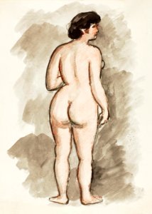 Woman showing off naked bum, vintage nude illustration. Standing Nude by Carl Newman. Original from The Smithsonian. Digitally enhanced by rawpixel.