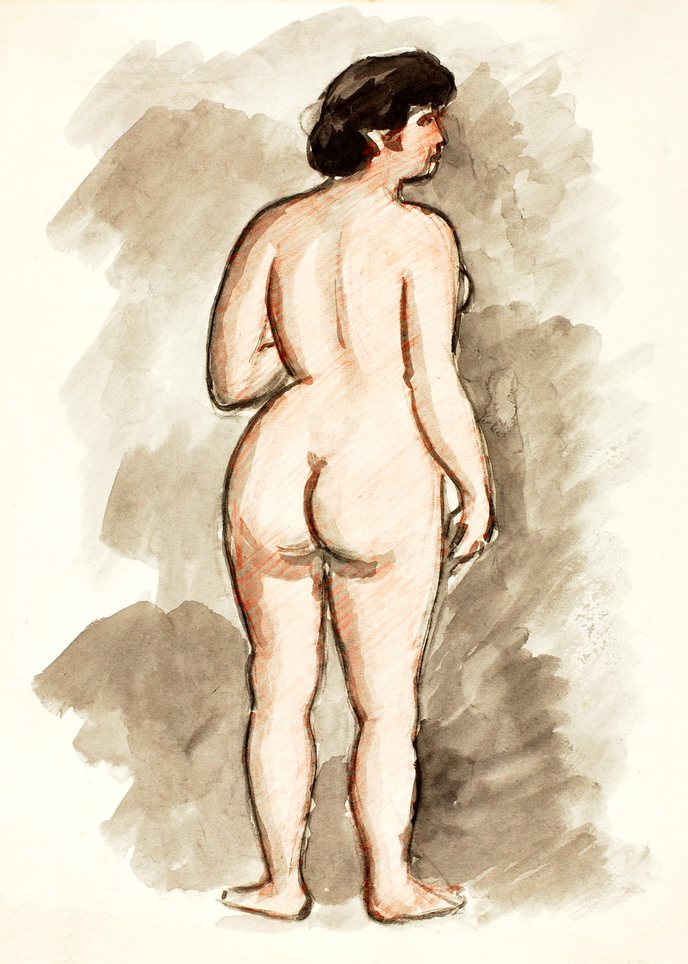 Woman showing off naked bum, vintage nude illustration. Standing Nude by  Carl Newman. Original from The Smithsonian. Digitally enhanced by rawpixel.  - Traditional visual art under Public domain license