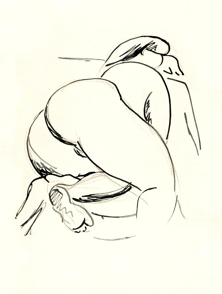 Naked woman showing bottom in sensual position, vintage nude illustration. Reclining Nude by Carl Newman. Original from The Smithsonian. Digitally enhanced by rawpixel.
