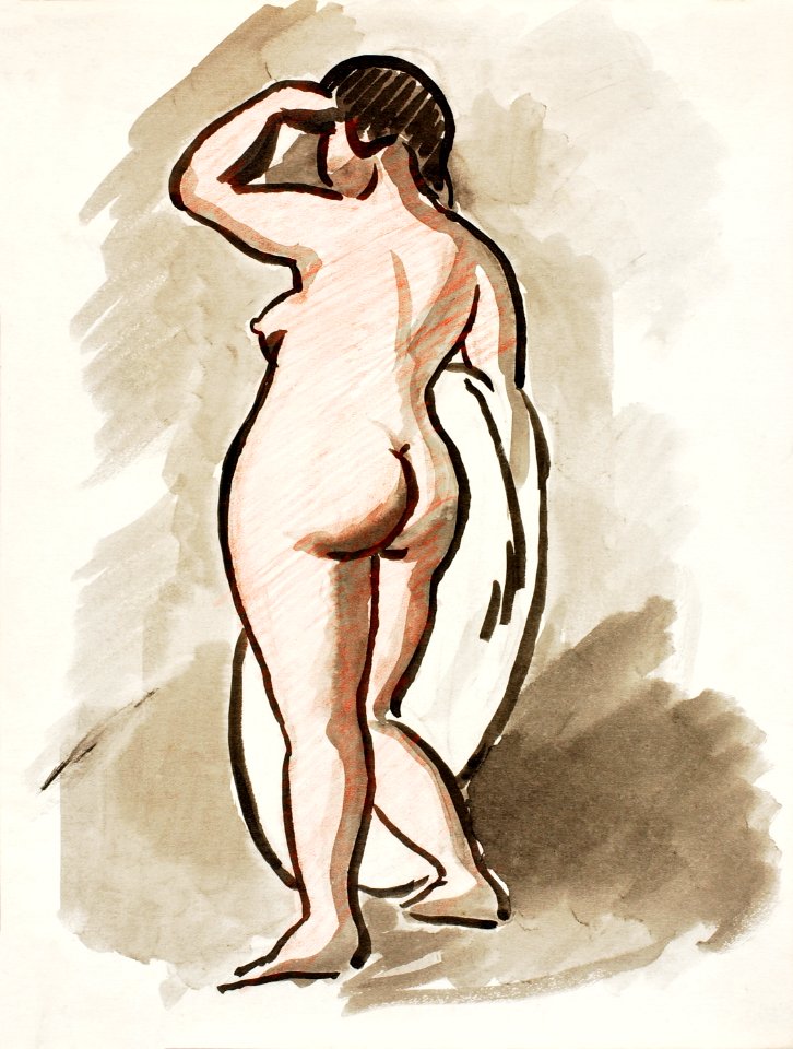 Woman showing off naked bum, vintage nude illustration. Standing Female Nude by Carl Newman. Original from The Smithsonian. Digitally enhanced by rawpixel.