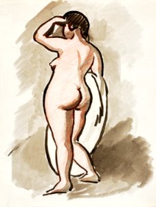 Woman showing off naked bum, vintage nude illustration. Standing Female Nude by Carl Newman. Original from The Smithsonian. Digitally enhanced by rawpixel.. Free illustration for personal and commercial use.