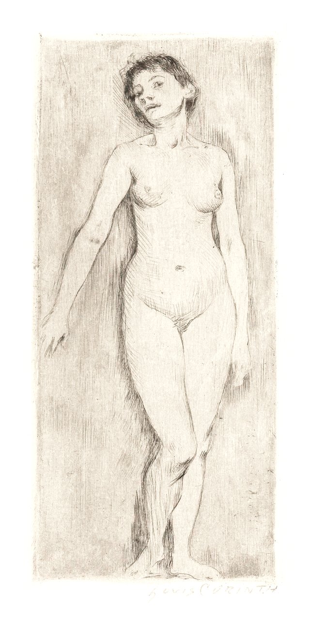 Naked woman showing her breasts, vintage nude illustration. Standing Female Nude (1896) by Lovis Corinth. Original from The Rijksmuseum. Digitally enhanced by rawpixel.