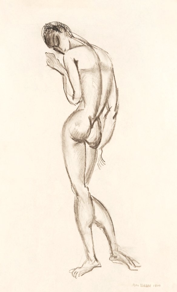 Woman showing off naked bum, vintage nude illustration. Female Nude, Back View (1909) by Max Weber. Original from The Smithsonian. Digitally enhanced by rawpixel.