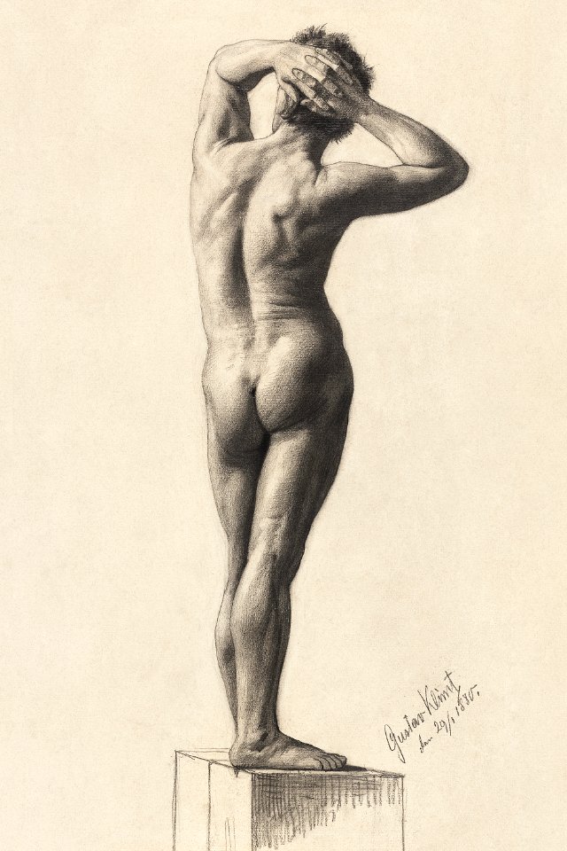 Naked man posing sexually. Male Nude (1880) by Gustav Klimt. Original from The Art Institute of Chicago. Digitally enhanced by rawpixel.