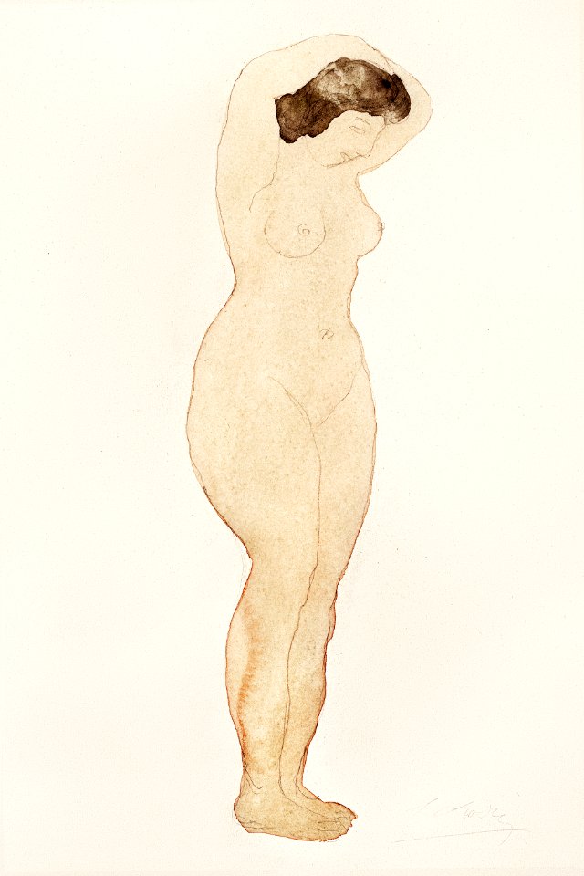 Naked woman posing sensually, vintage erotic art. Nude, standing with hands on head by Auguste Rodin. Original from Yale University Art Gallery. Digitally enhanced by rawpixel.