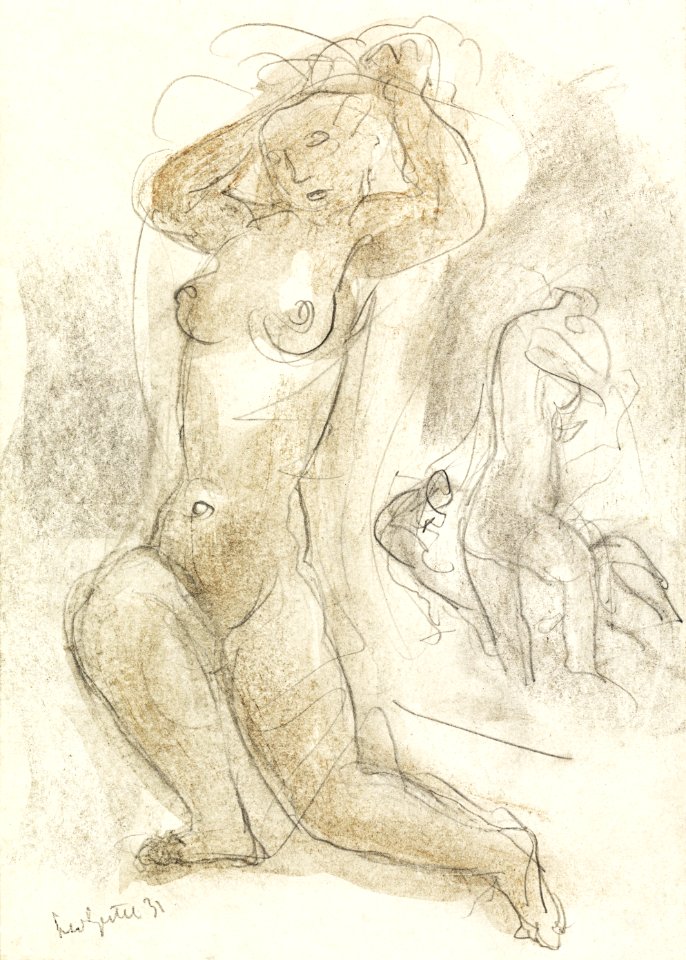 Naakte vrouw met de handen in het haar, op de achtergrond een andere naakte figuur (1931) by Leo Gestel. Original from The Rijksmuseum. Digitally enhanced by rawpixel.