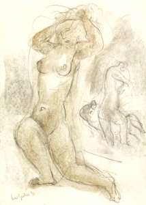 Naakte vrouw met de handen in het haar, op de achtergrond een andere naakte figuur (1931) by Leo Gestel. Original from The Rijksmuseum. Digitally enhanced by rawpixel.