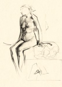 Naked woman showing her breasts, vintage nude illustration. Zittende naakte vrouw (1887) by Marius Bauer. Original from The Rijksmuseum. Digitally enhanced by rawpixel.