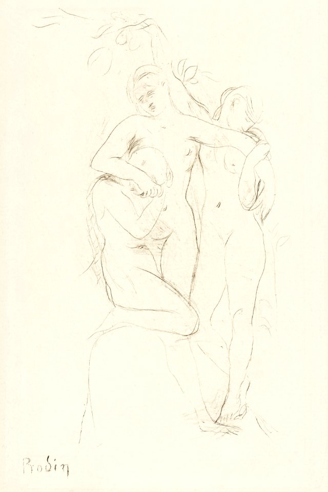 Three naked women, vintage nude illustration. Drie vrouwen met armen in omstrengeling (1893) by Auguste Rodin. Original from The Rijksmuseum. Digitally enhanced by rawpixel.