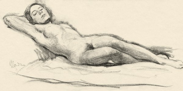 Naked woman showing her breasts, vintage nude illustration. Reclining Female Nude (1934) by Louis Goudman. Original from The Rijksmuseum. Digitally enhanced by rawpixel.. Free illustration for personal and commercial use.