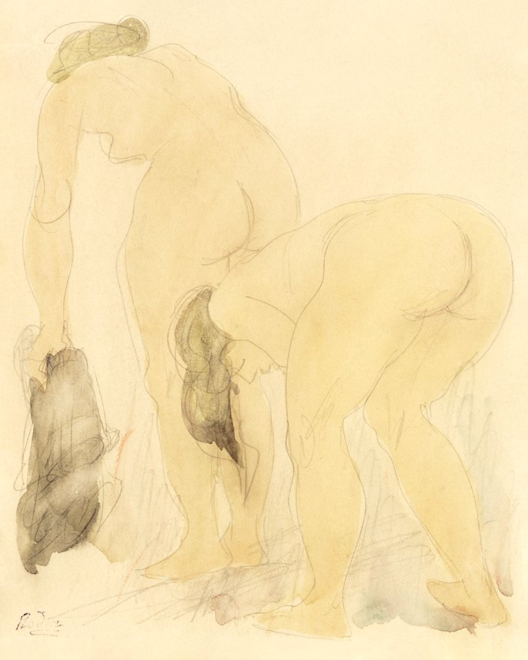 Naked women bending over, vintage nude illustration. Studieblad met twee naakte vrouwen, op de rug gezien (1850–1917) by Auguste Rodin. Original from The Rijksmuseum. Digitally enhanced by rawpixel.